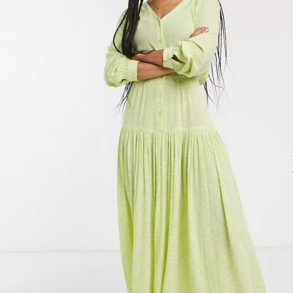 Monki floral print pleated midi dress in green